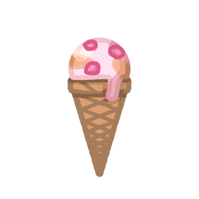 A single scoop ice-cream that is pink with cheesecake crust bits fused with it. On top of it is strawberry bits.